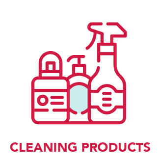 Graphic icon of cleaning products.