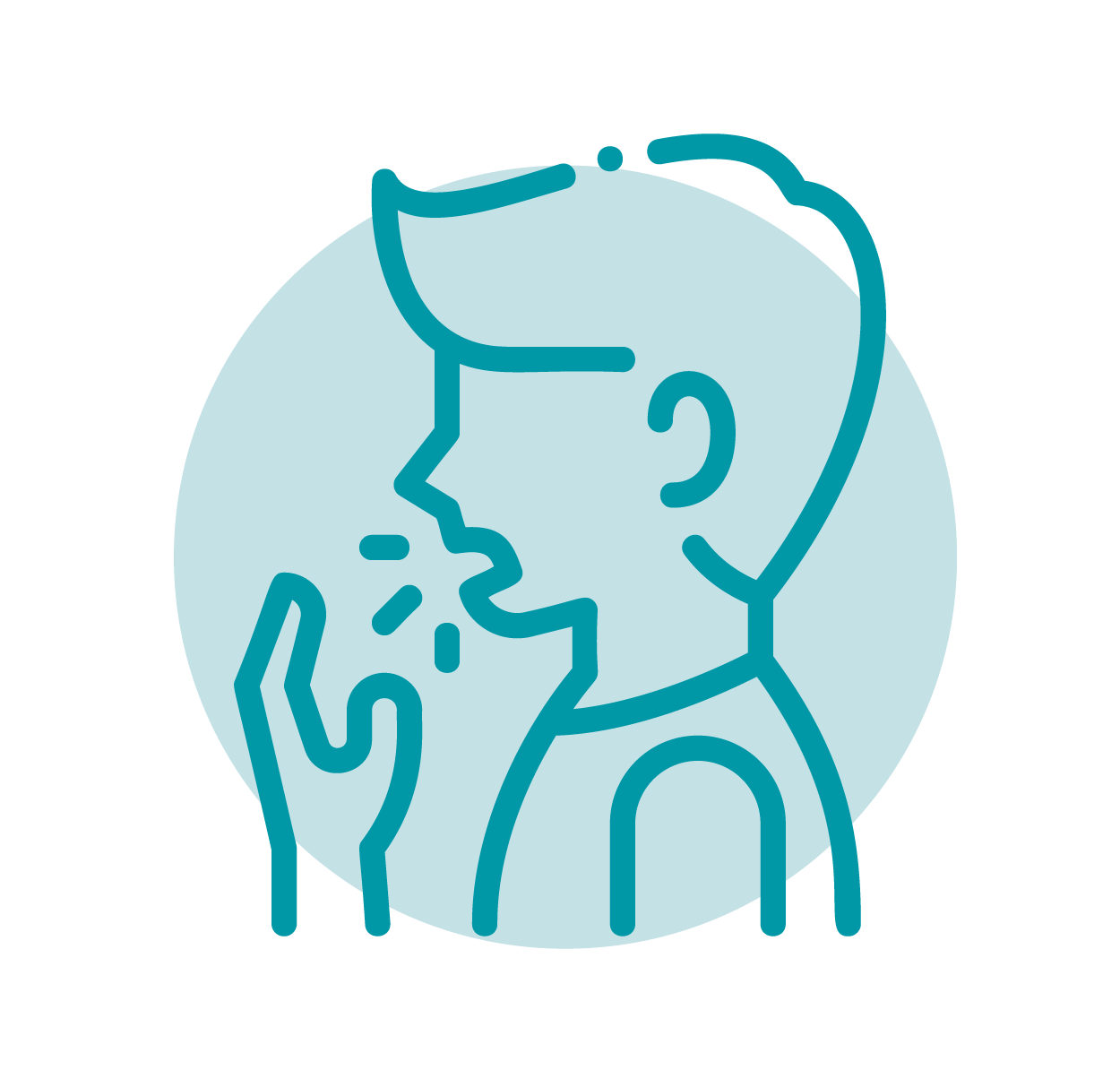 Graphic icon of person coughing into hand.