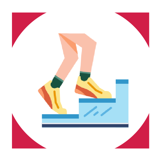 Graphic icon of person walking up steps.