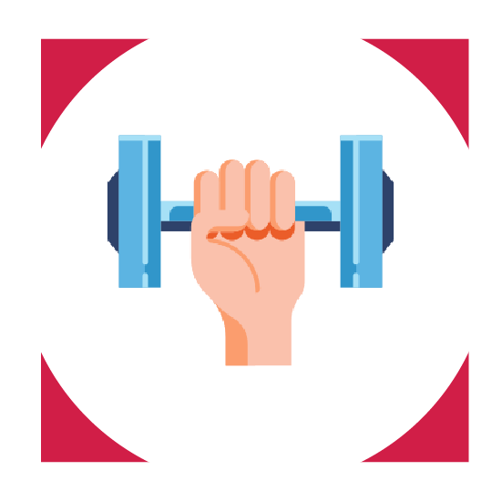Graphic icon of person holding weight.