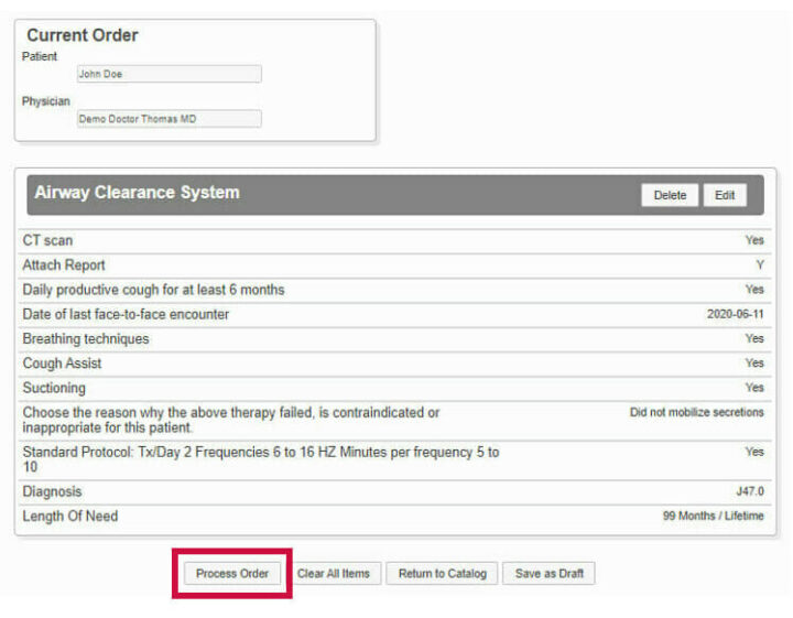 Airway clearance system order information in GoScripts