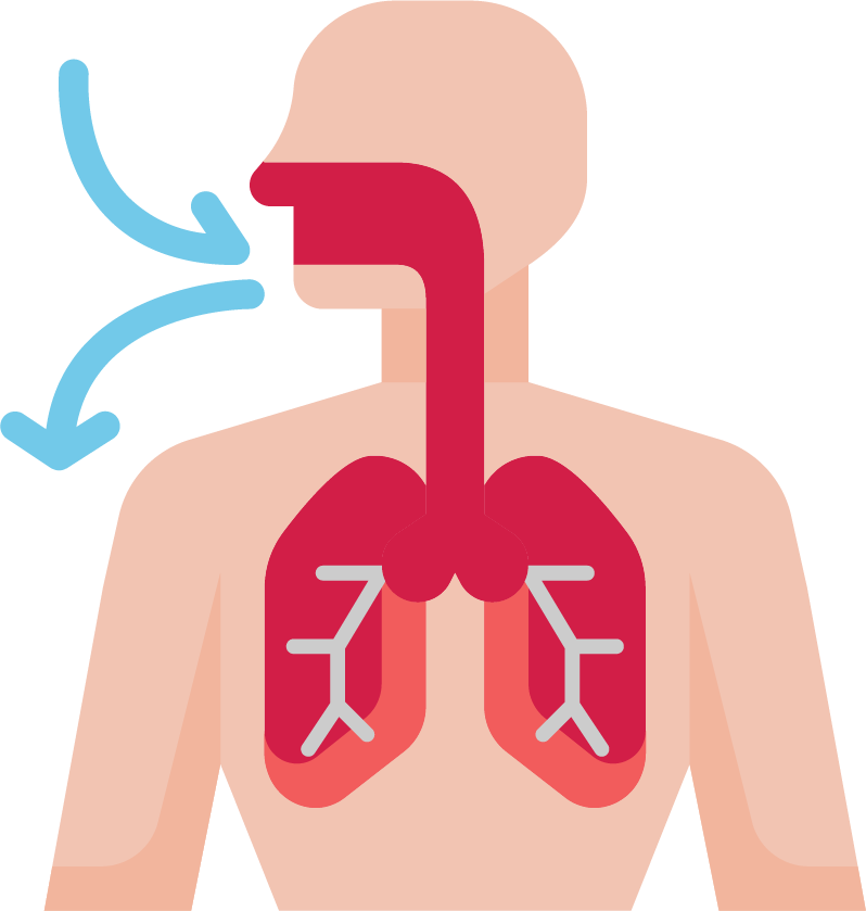 Graphic icon of person breathing through lungs.